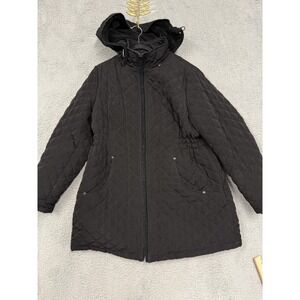 St. John's Bay Jacket Womens 1X Black Quilted Hooded Faux Fur Lined Zip Pockets